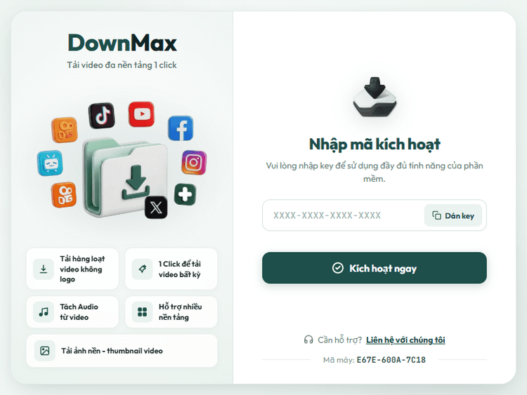 Giao diện nhập bản quyền DownMax
